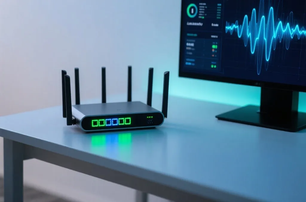 Sleek modern network router displaying glowing fast signal waves and conceptual dashboard